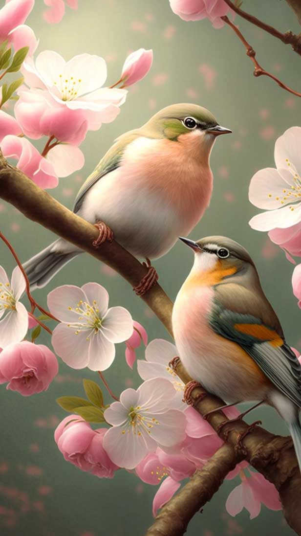 两只白眼鸟站在树枝上的AI咒语prompt描述词丨Ai绘画描述