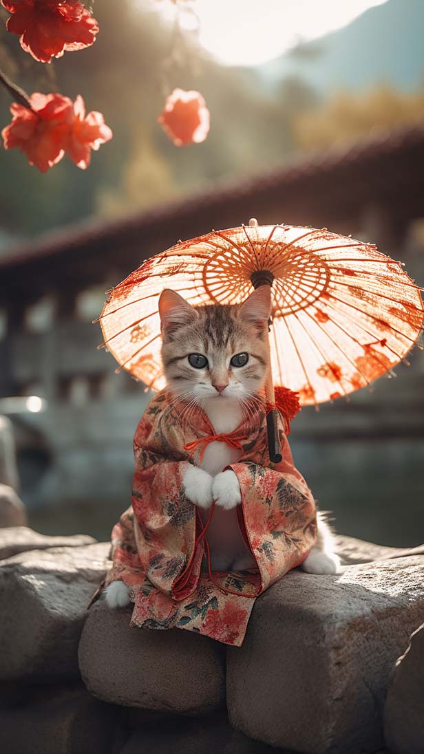 一只可爱的迷你小猫，穿着汉服，撑伞的猫。