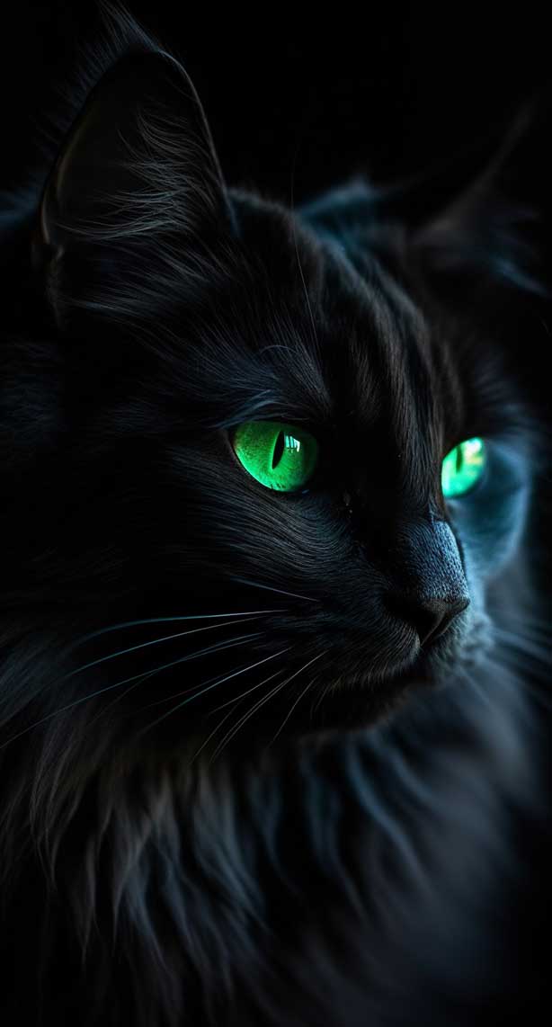 长毛黑猫的梦幻般明亮的绿色眼睛的AI咒语prompt描述词丨Ai绘画描述