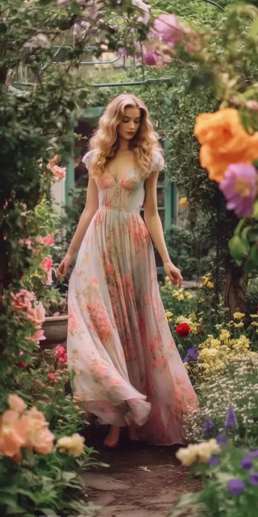 一个穿着飘逸粉彩连衣裙的迷人模特