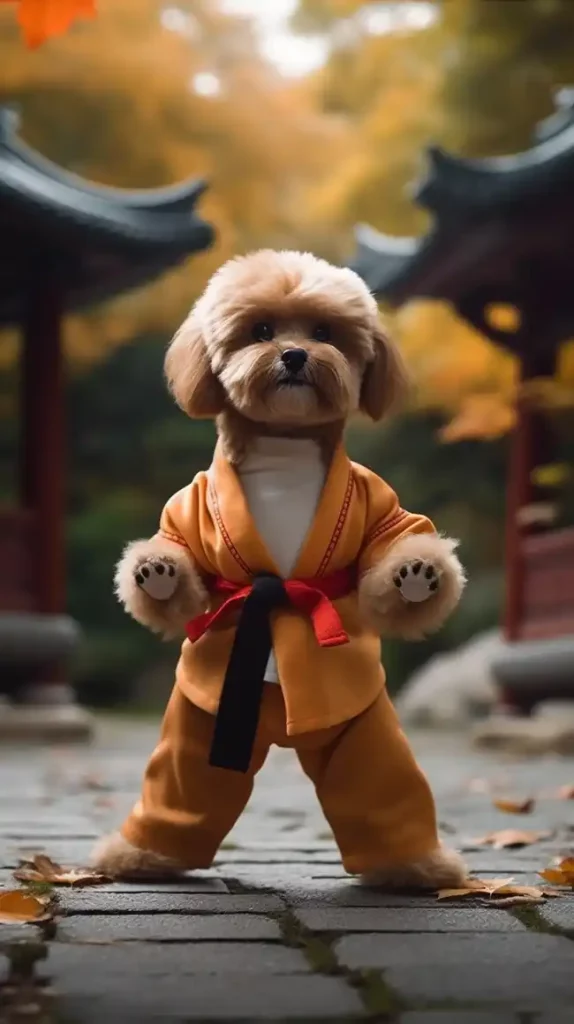 泰迪狗正在表演中国功夫