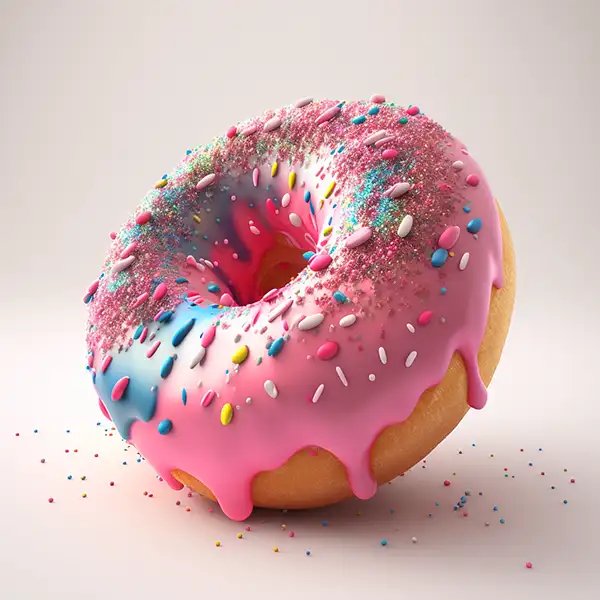 一个高细节的甜甜圈，粉红色的糖霜和白色背景的彩虹点缀