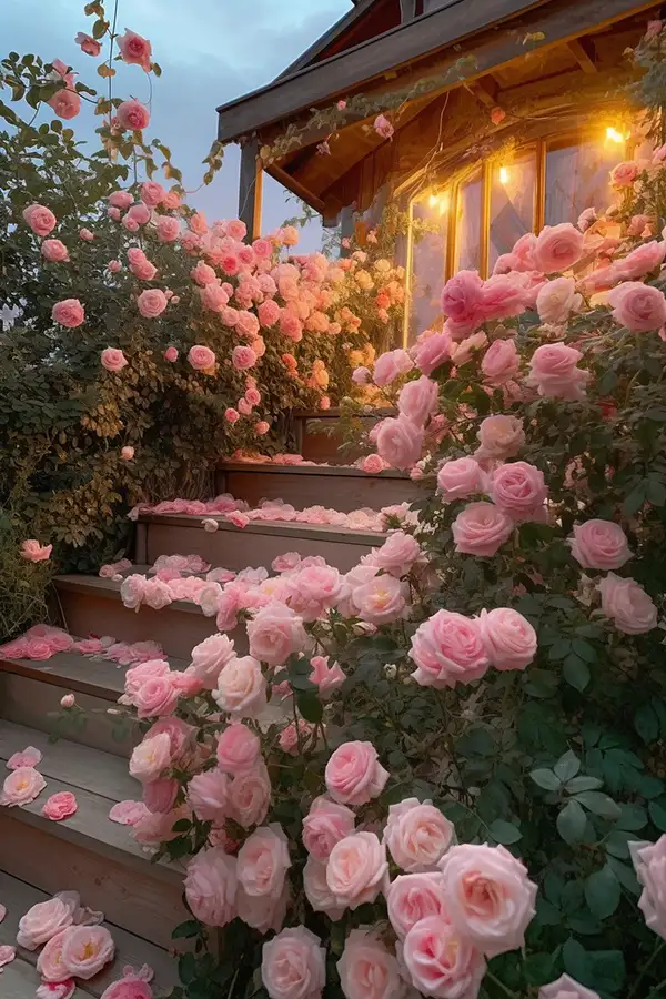 木屋的楼梯上有1000朵玫瑰的AI咒语prompt描述词-Midjourney关键词描述词