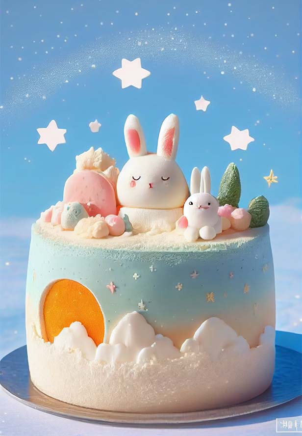 奶油蛋糕，蛋糕上的粉红色生肖兔