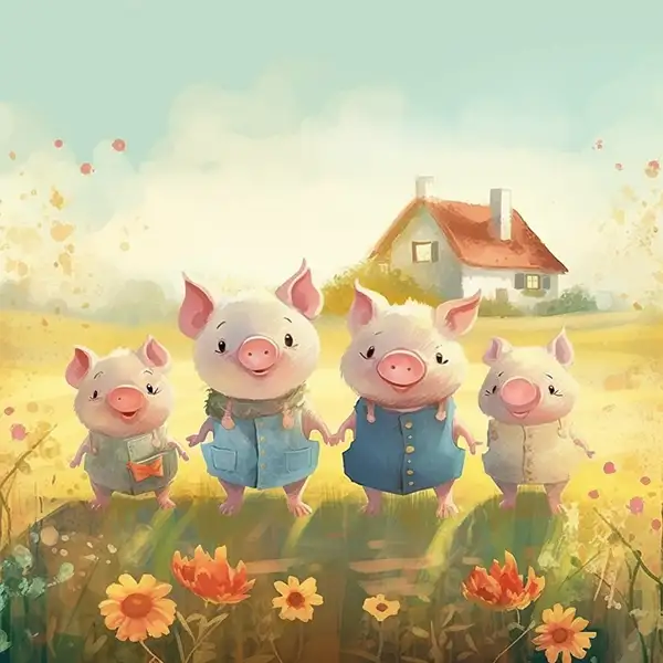 可爱的三只小猪在美丽的草地上玩耍，夏日，极简主义风格