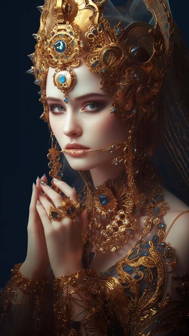 女神穿着黄金和珠宝的AI咒语prompt描述词丨Ai绘画关键词