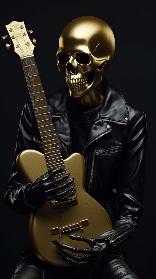 穿着皮革和深色的骷髅弹吉他的AI咒语prompt描述词丨Ai绘画关键词