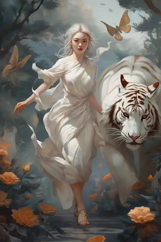 穿着白色连衣裙，跑向老虎