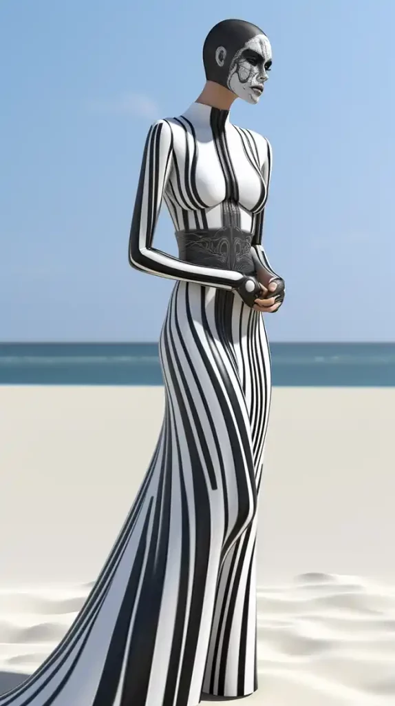 一名身穿黑白条纹长裙的女性机器人