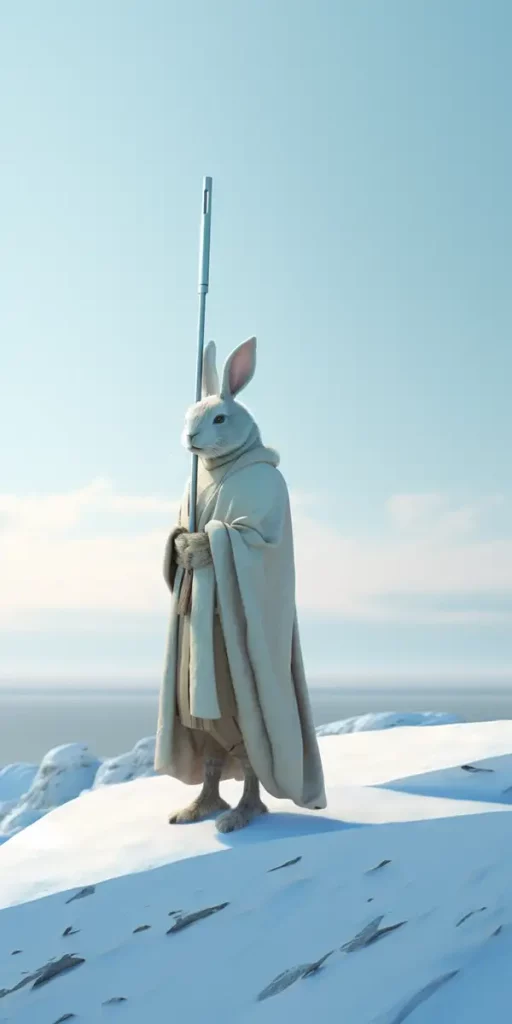 穿着白色斗篷的白兔站在白雪皑皑的悬崖上，手里拿着蓝色光剑