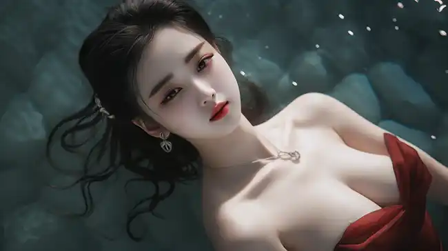 全身2，仰泳躺在水上，一个漂亮的18岁中国女孩