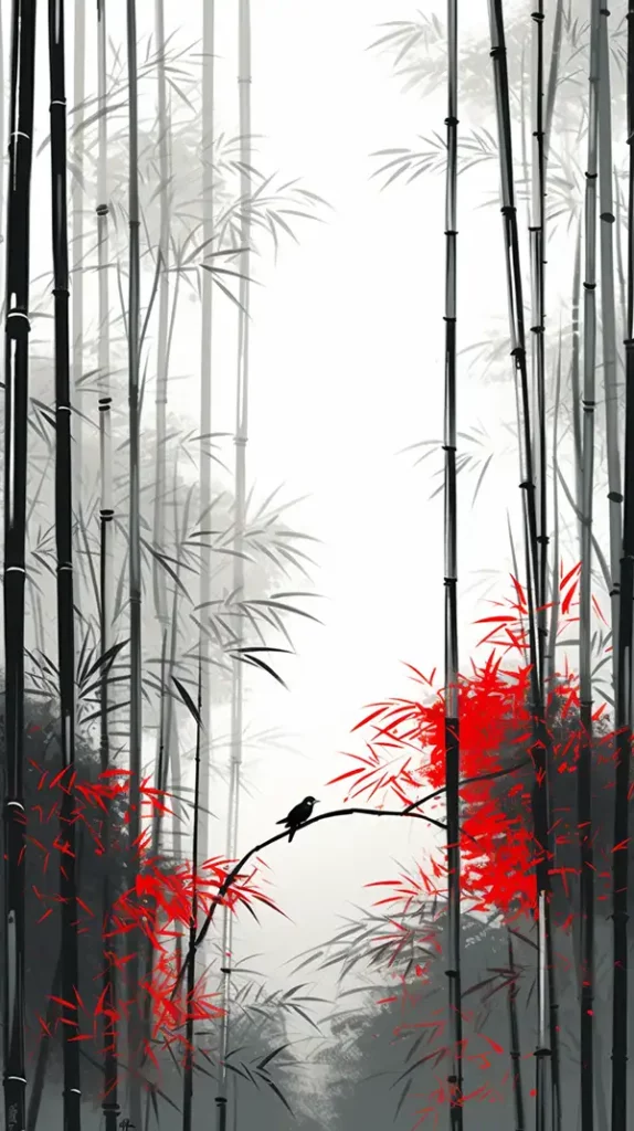 一幅宁静的日本艺术插图，以白底黑墨描绘的竹林为特色