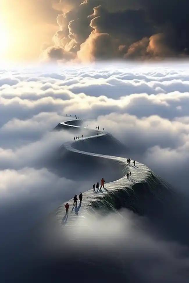 人们在云层上方走着蜿蜒的道路
