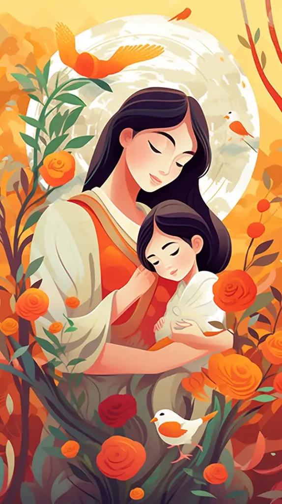 母亲节海报，一个可爱的亚洲女孩和妈妈玩耍