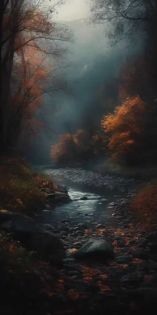 黑暗的森林中创作的秋季景观的AI咒语prompt描述词-Midjourney关键词描述词