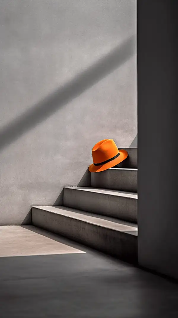 坐在混凝土台阶上的橙色软呢帽-Ai关键词  Midjourney关键词 Ai绘画教程 Ai绘画 设计资源 设计教程