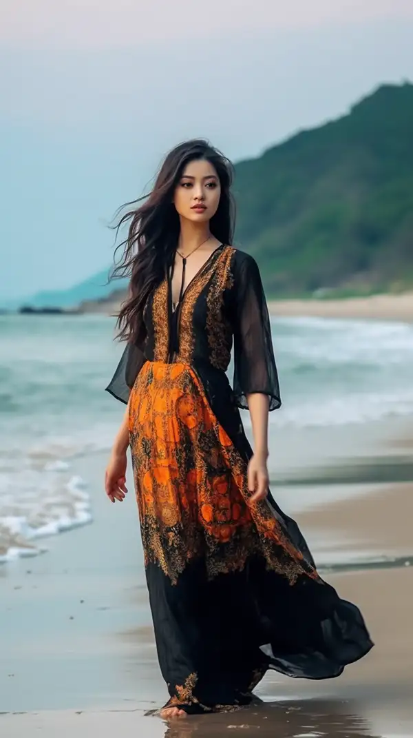 高级时装肖像，巴厘岛热带海滩行走的女人。